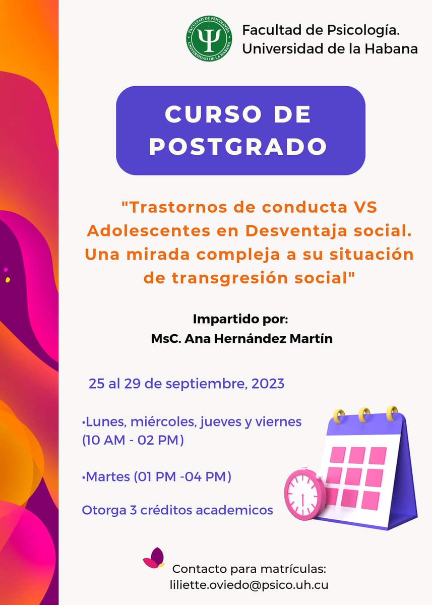 Nuevo curso de posgrado ‼️

Impartido por nuestra profesora Ana Hernández Martín. 

📅 25 al 29 de septiembre

Inscripciones de manera presencial en la Secretaría de Posgrado de la Facultad de Psicología.

Les esperamos!