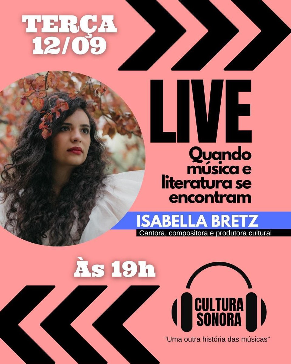 bellabretz's tweet photo. Gosta de música e literatura? Convido você para um bate-papo a convite da Cláudia Parra, do @Cultsonora. Será terça-feira, dia 12, às 19h! 🩷 https://t.co/nL9e3II41C