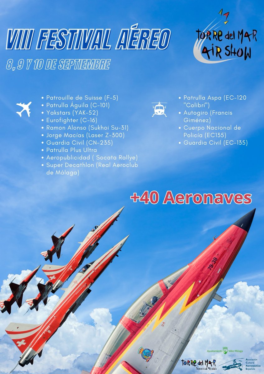 MaskomSuper's tweet photo. 🔴 Planes Maskom 🔴
VIII FESTIVAL AÉREO INTERNACIONAL TORRE DEL MAR 2023 ✈️
Fin de semana del 8, 9 y 10 de septiembre en Torre del Mar. Grandes participantes tanto aviones como helicópteros, civiles y militares...
#Maskom #MaskomSupermercados #planesMaskom #TorredelMar https://t.co/Wnl58Ye0p6