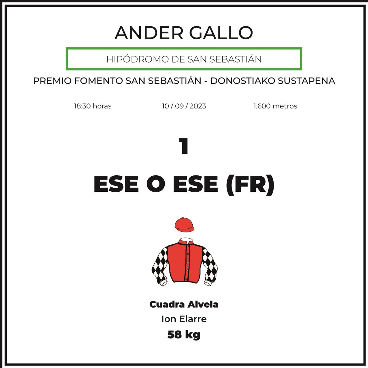 ander_gallo_7's tweet photo. Montas de mañana en 🇪🇦 y 🇨🇵
@HipodromoSnSn
3° Ese o Ese (18:30)
Hippodrome Auch
5° Maitre Yoda (13:00) https://t.co/3FgiiAAqUa