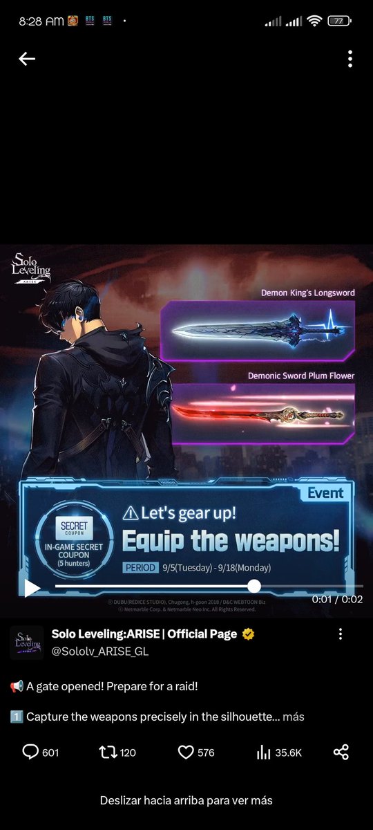 ItzelSnche1's tweet photo. @Sololv_ARISE_GL #solelevelingArise #sololeveling #onlyllevelup #netmarble #weapons https://t.co/inpSfiD4xf