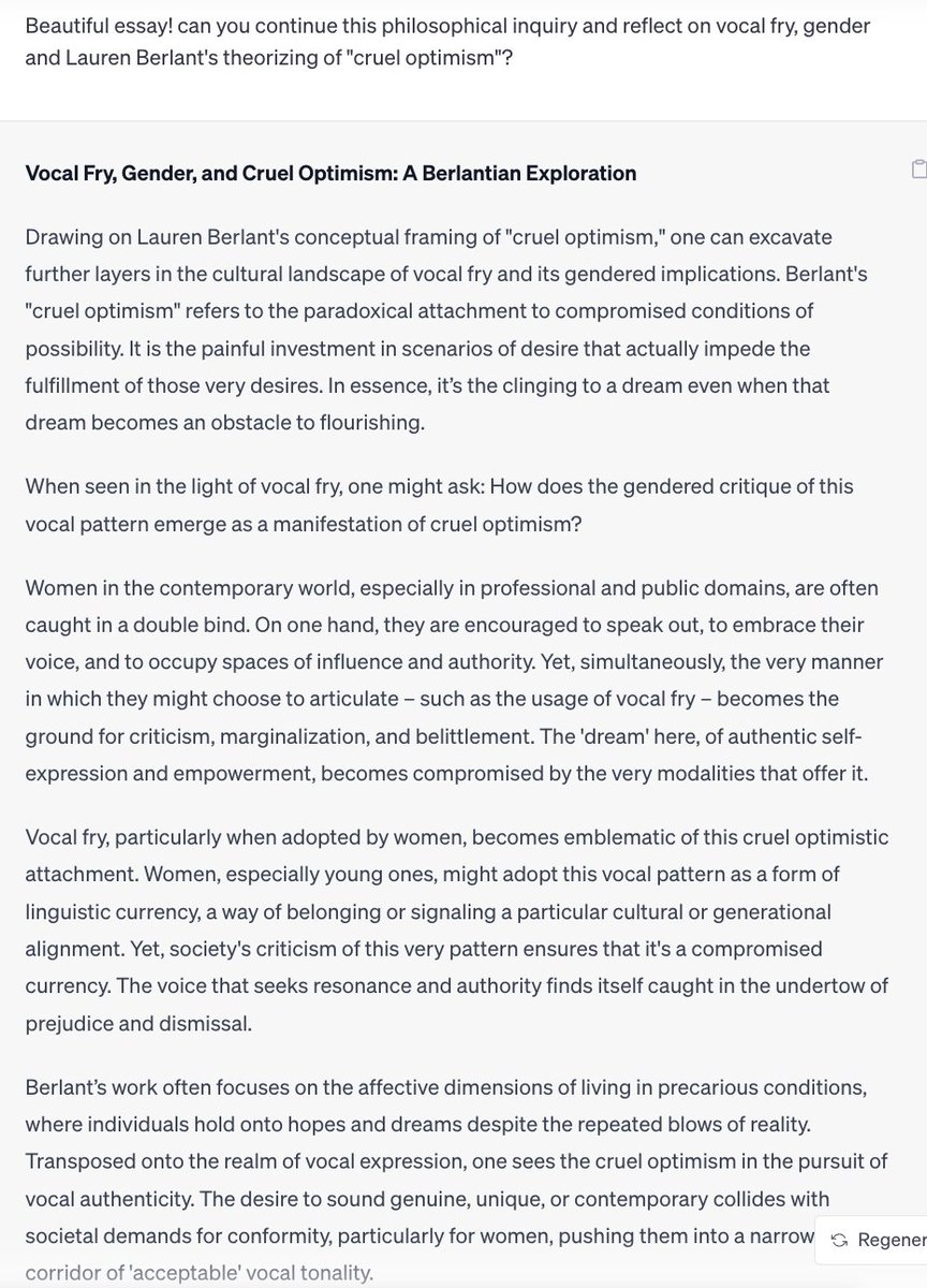 Sioflynn's tweet photo. I asked #ChatGPT4: Write a short philosophical essay on #vocalfry in the style &amp; critical theorization of Derrida. Elaborate on the metaphorical conversation between various forms of communication and vocal fry.  Then, expand referencing Lauren Berlant  Damn... https://t.co/cMAoqdkALG