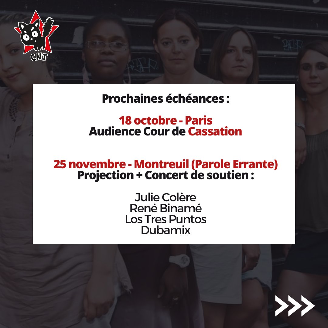 La petite enfance ne sera jamais à vendre ! Chat lutte encore ! Prochaines échéances :
18 octobre - Paris : Audience Cour de Cassation
25 novembre - Montreuil (Parole Errante) :  Projection + Concert de soutien :
- Julie Colère
- René Binamé
- <a href="/lostrespuntosfr/">Los Tres Puntos</a>
- <a href="/dubamix/">Dubamix</a>