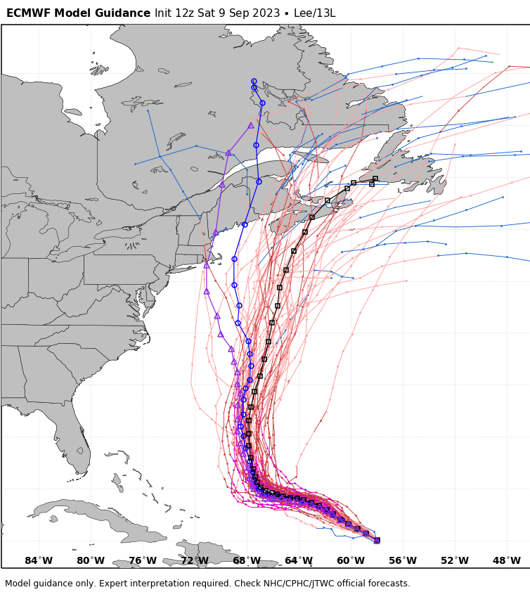 Friendly reminder to some already hyping the 12z European Model with Hurricane #Lee into New England. That's one deterministic model run. The European Model has 51 ensemble members (possibilities). What you saw is the purple line below on the far left. Now look at the black line