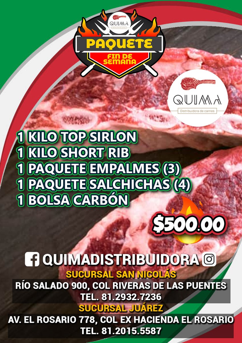 nandoreyes's tweet photo. Siempre es un buen día para ir con mis amigos de #QUIMA Distribuidora de carne, tiene muchos paquetes exclusivos para ti.
#QUIMA Sucursal San Nicolás
Río Salado 900, Colonia Riveras de las puentes
TEL. 81.2932.7236
#QUIMA Sucursal Juárez
Av. El Rosario 778, Colonia Ex Hacienda el Rosario
TEL. 81.2015.5587