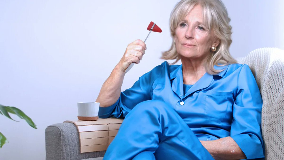 TheBabylonBee's tweet photo. 'Yep, I've Got Covid,' Says Dr. Jill Biden Hitting Self On Forehead With Knee Hammer Thing 
https://t.co/XJubJWv2wv https://t.co/gUzXOAxxlw