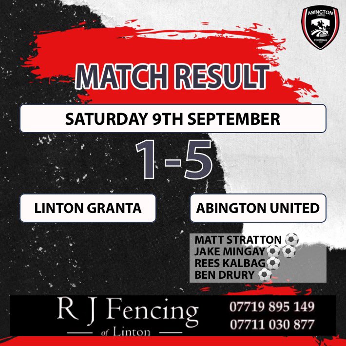 ⚽️FINAL RESULT⚽️ <a href="/LintonGrantaFC/">Linton Granta FC</a> 1-5 Abington United! The lads battled the heat today and it showed the class of the whole squad as we come out victors in the first leg of our new local derby! 
Our goals:
<a href="/5tratts/">Matt</a> ⚽️
Jake Mingay ⚽️⚽️
Rees Kalbag ⚽️
<a href="/BenDrury_1/">Ben Drury</a> ⚽️