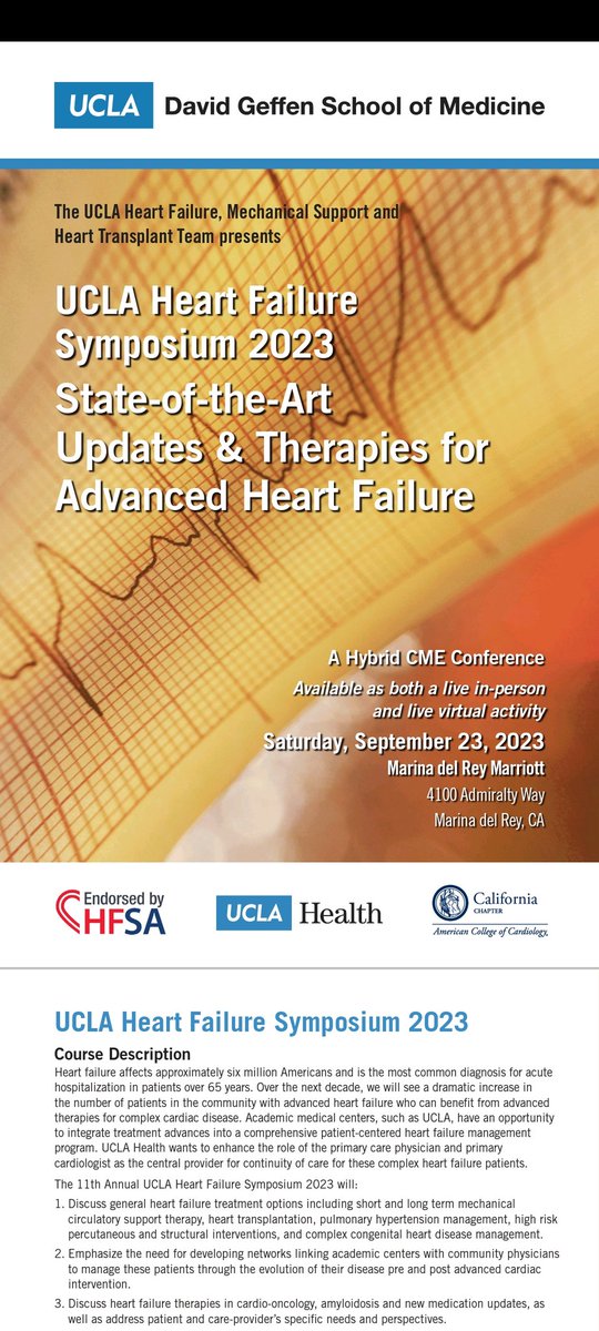 Only two weeks to register for the @UCLAHealth in person & virtual State of the Art Advanced Heart Failure Symposium sponsored by @HFSA ! events.medschool.ucla.edu/event/heartfai…