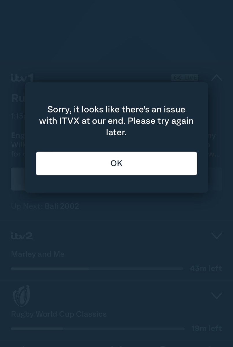 SiMoan67's tweet photo. @ITVXhelp Why did you buy the rugby World Cup if you haven’t got the ability to show the live game through the app. I’m guessing you weren’t expecting too many people would want to watch. https://t.co/lNWVvfBcLW