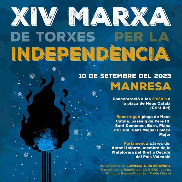 ‼️ Demà, 10 de setembre, tindré l'honor de tancar la XIV Marxa de Torxes per la Independència, a Manresa.

👉Ho organitza la Comissió 11 de setembre (Consell de la República, CUP, ERC, Junts, Òmnium Bages-Moianès i Poble Lliure).