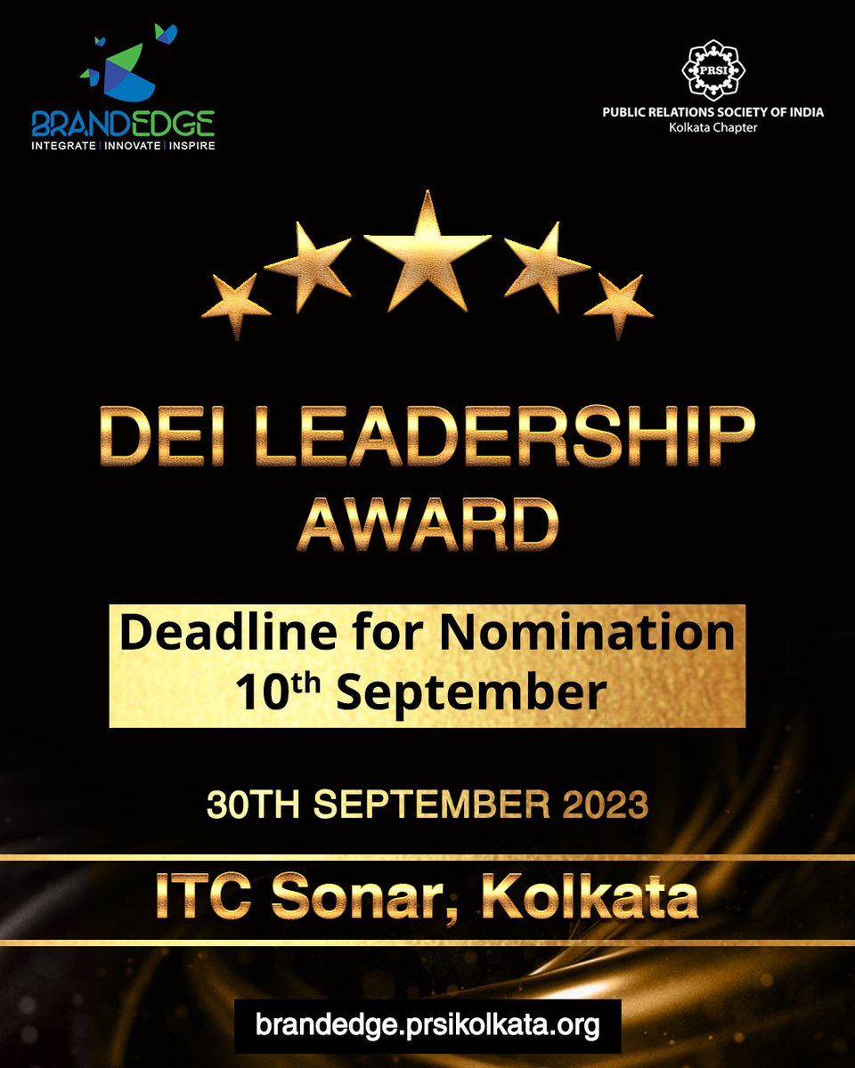 Bring in your #nominations for 🏆 𝐃𝐄𝐈 𝐋𝐞𝐚𝐝𝐞𝐫𝐬𝐡𝐢𝐩 𝐀𝐰𝐚𝐫𝐝, 🏆 find related details at  brandedge.prsikolkata.org/item/dei-leade…

#BrandEdge2023 #𝐃𝐄𝐈𝐋𝐞𝐚𝐝𝐞𝐫𝐬𝐡𝐢𝐩𝐀𝐰𝐚𝐫𝐝 #PREvent #Branding #NominationsOpen #Kolkata