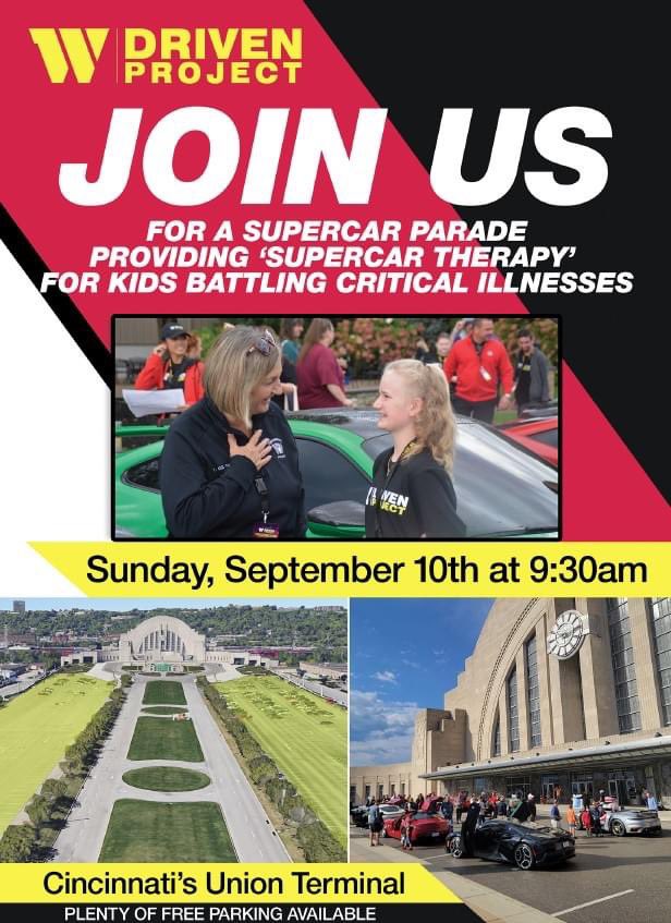 jeffwyler's tweet photo. Tomorrow is #wylerdrivenproject! We hope to see a HUGE crowd at Union Terminal tomorrow morning to help cheer on our VIPs. Let’s make this a day they will never forget! #supercar #superkids #rmhc #dealersdogood #Cincinnati @RMHCincinnati @CincyPD @OhioAutoDealers @drivenproject https://t.co/150d12Alh5