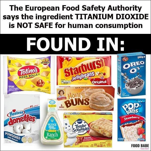 MAVERIC68078049's tweet photo. Do you or your children eat Titanium Dioxide?

 You’ll find it in white frostings, mac n’ cheese, ice cream treats, powdered donuts, frosted Pop-Tarts (and even plant-based meat alternatives!  Poison!)

Titanium Dioxide was recently banned in Europe. Scientific studies show Titanium Dioxide may have genotoxic effects. This means that it has the ability to damage your DNA, which could lead to cancer.

The FDA still allows it in food in America, so look out for this on the ingredient list!
