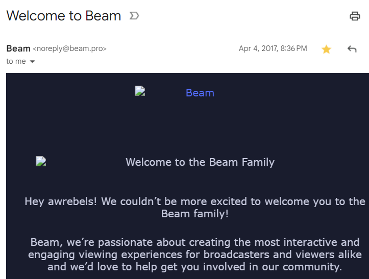 AWRebels's tweet photo. Dang... Found this email in the archives...
Post your Welcome email from Beam/Mixer!

The icons don't even load anymore 🥺
#beam #mixer @WatchMixer #ThrowbackThursday https://t.co/V6mTDkpFmA