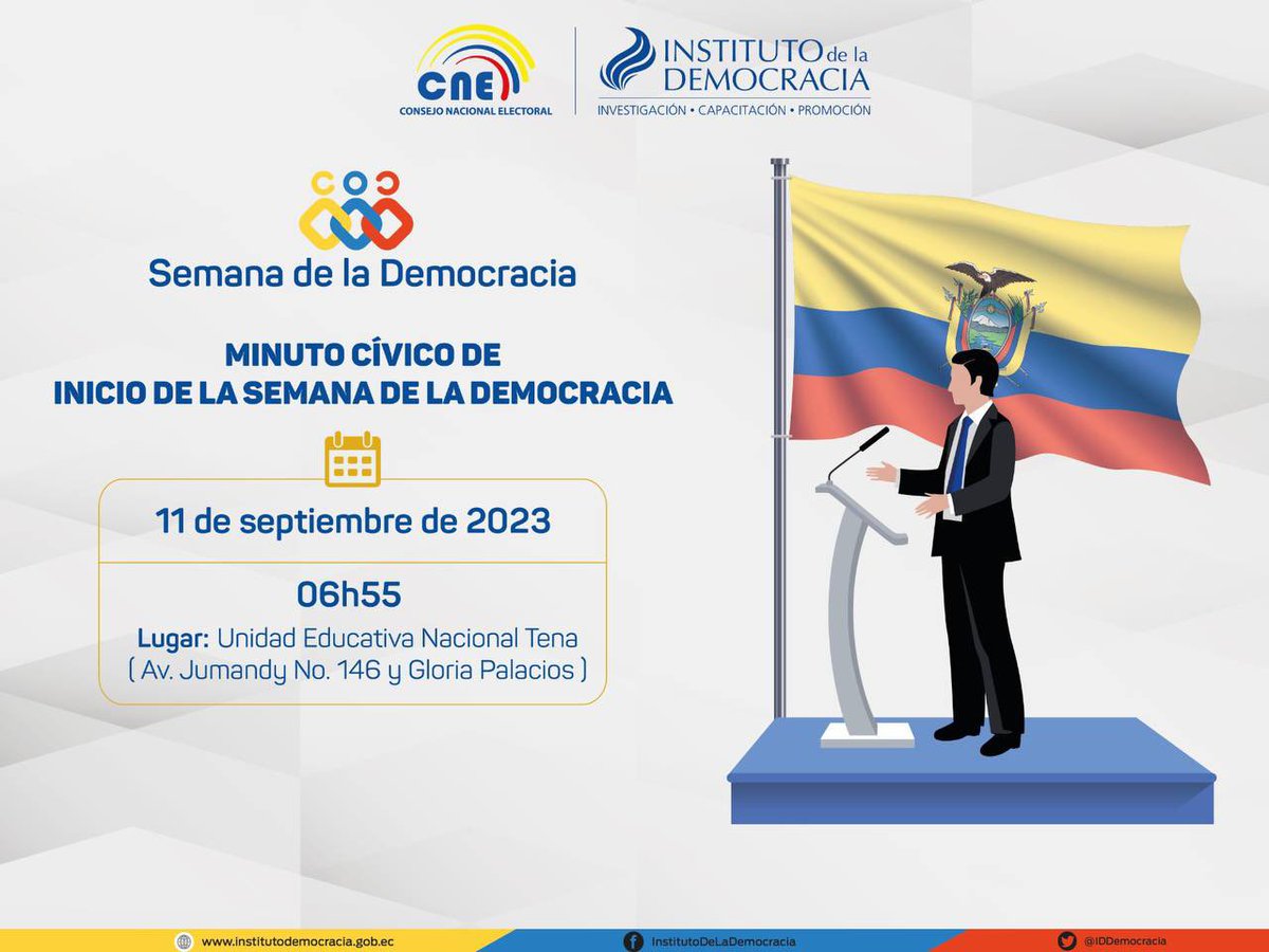 cnenapo's tweet photo. En #Napo, la #SemanaDeLaDemocracia arrancará el próximo lunes 11 de septiembre, con el Minuto Cívico en la Unidad Educativa Nacional Tena.
Extendemos la invitación a toda la ciudadanía, para que asista y participe de este evento. ⬇️ https://t.co/l5Ovpub6xA