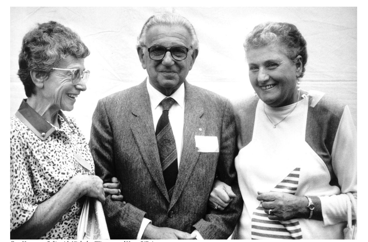 HolocaustMuseum's tweet photo. In 1939, 15-year-old Eva Hayman escaped Prague to Great Britain on a Kindertransport organized by London stockbroker Nicholas Winton and his colleagues. In 1988, after she discovered he was her rescuer, she wrote him the following note:

"How does one thank someone who has saved ones life? Thank you, thank you with all my heart for being that courageous young man 49 years ago ... . Because you live and have dared, so many of us are alive today and no words can express the gratefulness I feel in my heart."

First photo: Nicholas Winton, Alamy
Second photo: Eva Hayman, Holocaust Centre of New Zealand
Third photo: Eva Hayman (left) with Nicholas Winton, Holocaust Centre of New Zealand