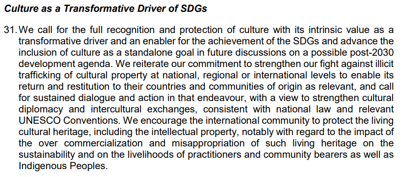 ErnestoOttoneR's tweet image. 🔴Just adopted🖊️: #G20 Declaration including a paragraph titled ‘Culture as a Transformative Driver of SDGs’, calling for a standalone #CultureGoal in the post-2030 agenda. The world leaders put their trust in @UNESCO, to unleash the power of culture.

g20.org/content/dam/gt…
