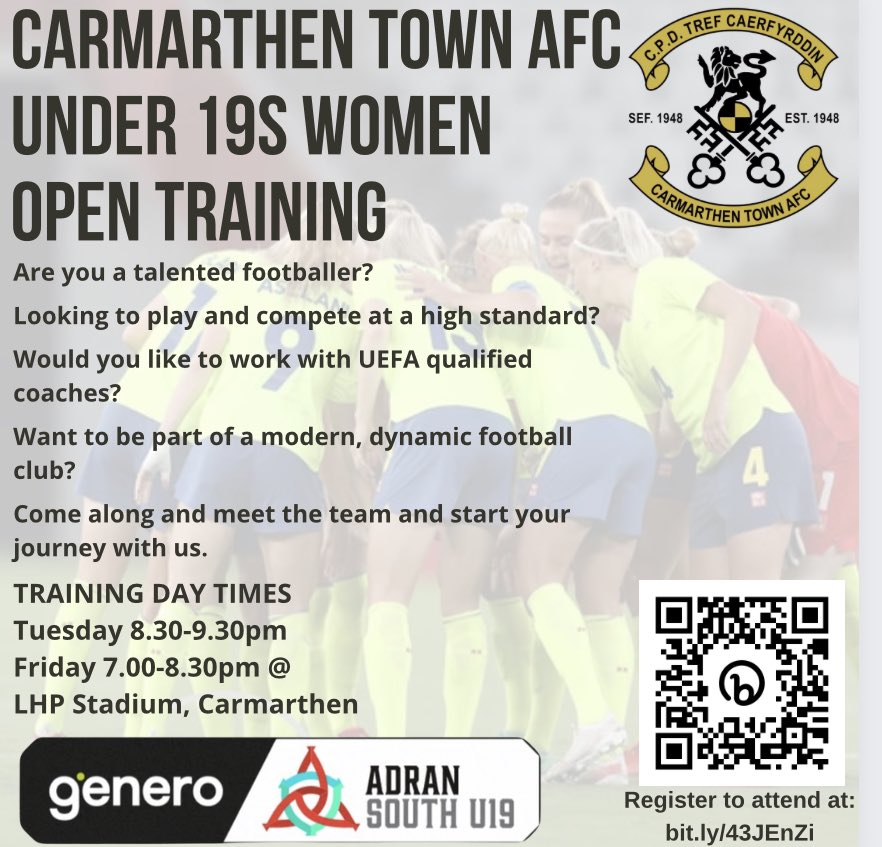 CLUB ANNOUNCEMENT
We are extremely happy to announce our application to join the Genero Adran u19’s South League 23/24 has been granted. 
If you have any desire to be involved in our U19s setup as a player(aged 15 to 18)or staff, please contact us or follow the links below. 
🖤💛