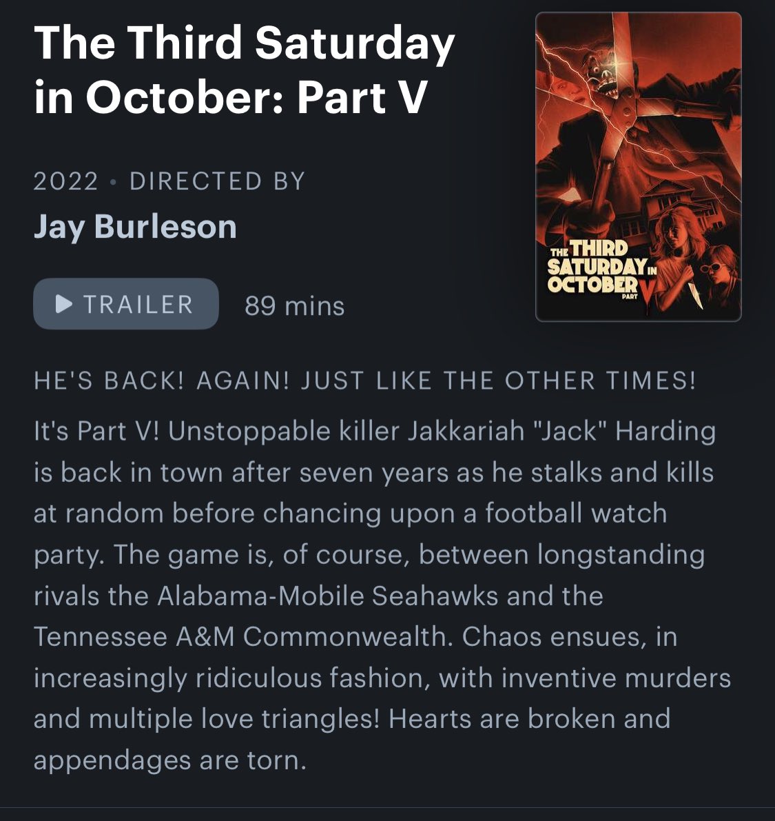 BuffaloMJ's tweet photo. 49. The Third Saturday in October: Part V (2022)
A fun concept done on the cheap where you start a franchise near the end of its lifecycle to truly satirize horror films that get a little long in the tooth. The commitment to the bit is great, and feels very 90s.
π§‘π§‘π§‘π€π€ https://t.co/oLf11GVsNs
