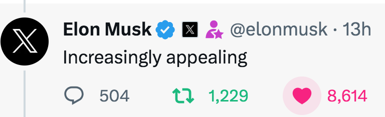 <a href="/PapiTrumpo/">il Donaldo Trumpo</a> $Trump is getting #IncreasinglyAppealing according to Elon Musk 👀 When spaces ?