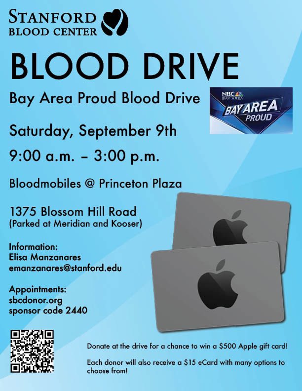 The coffee is hot, the donuts are fresh, the cookies are homemade!

We’re ready for you at the 7th Annual Bay Area Proud Blood Drive.

All the details in the flier. Walk-ins welcome, first-timers revered. <a href="/nbcbayarea/">NBC Bay Area</a> <a href="/giveblood/">Stanford Blood Center</a>