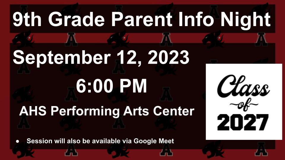 AlxCounselors's tweet photo. Parent Info Nights - AHS Performing Arts Center 

9th Grade - Tuesday, 9/12 @ 6:00PM
10th/11th Grade - Tuesday, 9/12 7:00PM 
12th Grade - Tuesday, 9/19 @ 6:00PM 

Sessions available through Google Meet &amp; recorded/posted Counseling website.  See your counselor w/questions! https://t.co/qH0pKrbocj