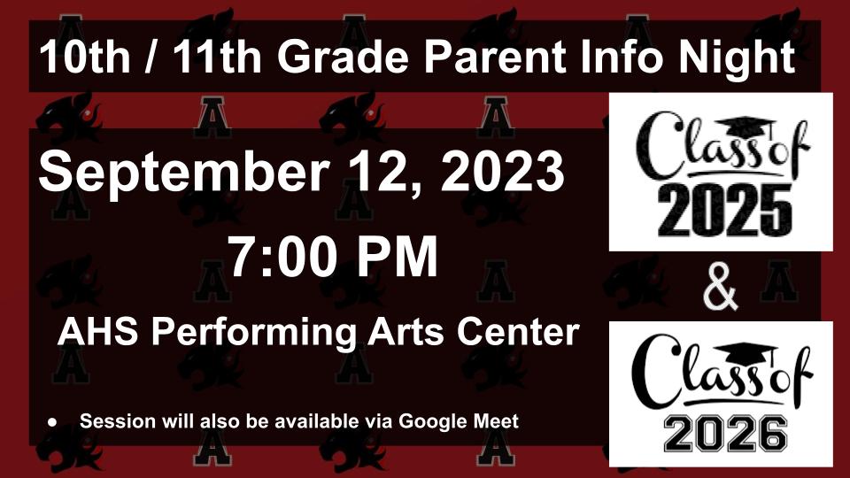 AlxCounselors's tweet photo. Parent Info Nights - AHS Performing Arts Center 

9th Grade - Tuesday, 9/12 @ 6:00PM
10th/11th Grade - Tuesday, 9/12 7:00PM 
12th Grade - Tuesday, 9/19 @ 6:00PM 

Sessions available through Google Meet &amp; recorded/posted Counseling website.  See your counselor w/questions! https://t.co/qH0pKrbocj