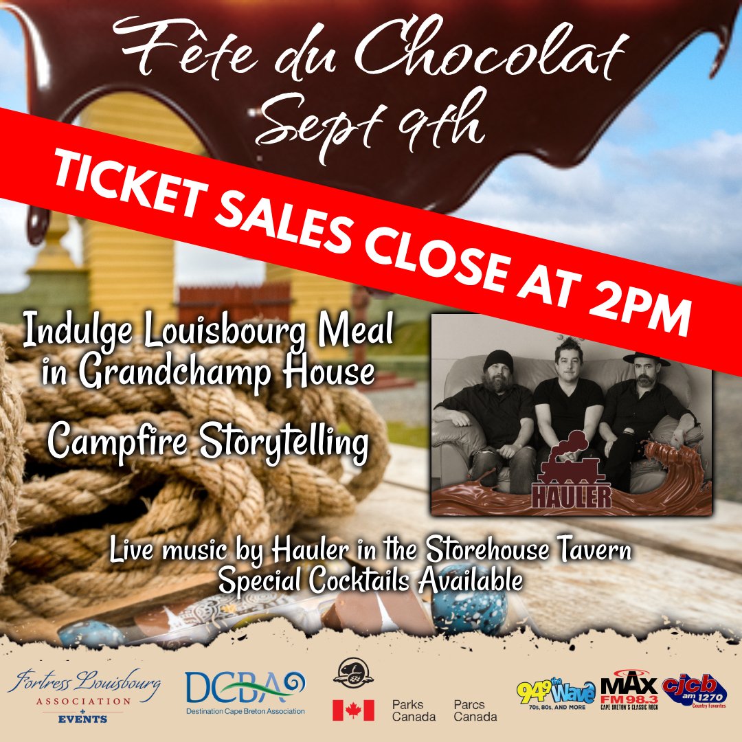 There are a few tickets left for this evening Fete Du Chocolat festivities! However, we are closing ticket sales at 2pm today. Last chance to experience the sweet n tasty evening. Great food and Music!
TICKETS: fortressoflouisbourg.ca/.../fete-du-ch…