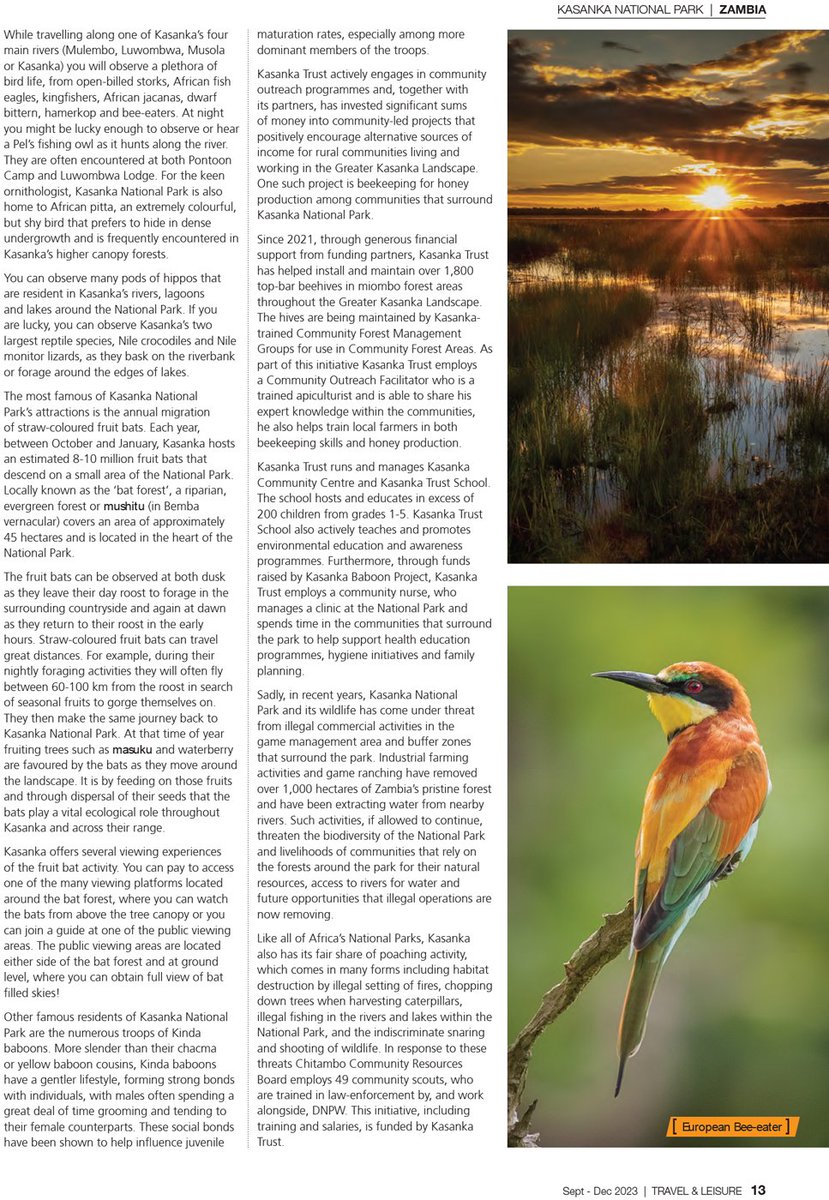 KasankaTrust's tweet photo. Working with the team at ‘Zambia travel magazine’ we provided an article for their most recent publication of Travel and Leisure, Zambia &amp; Zimbabwe Magazine. Here you can read more about Kasanka National Park and the work of Kasanka Trust.

With thanks to: https://t.co/Ak0pPKcljI https://t.co/cUFMXaavNJ