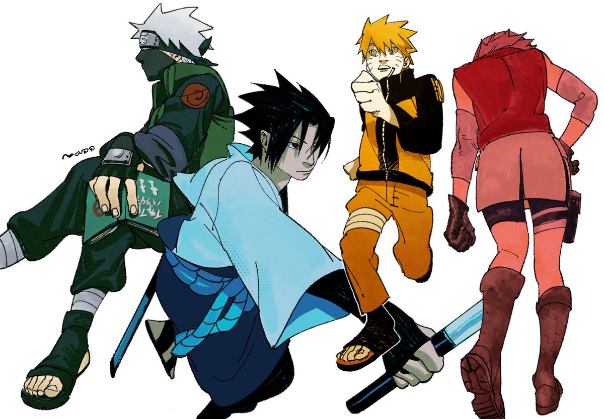 uchiha sasuke ,uzumaki naruto multiple boys 1girl weapon black hair blonde hair sword book  illustration images
