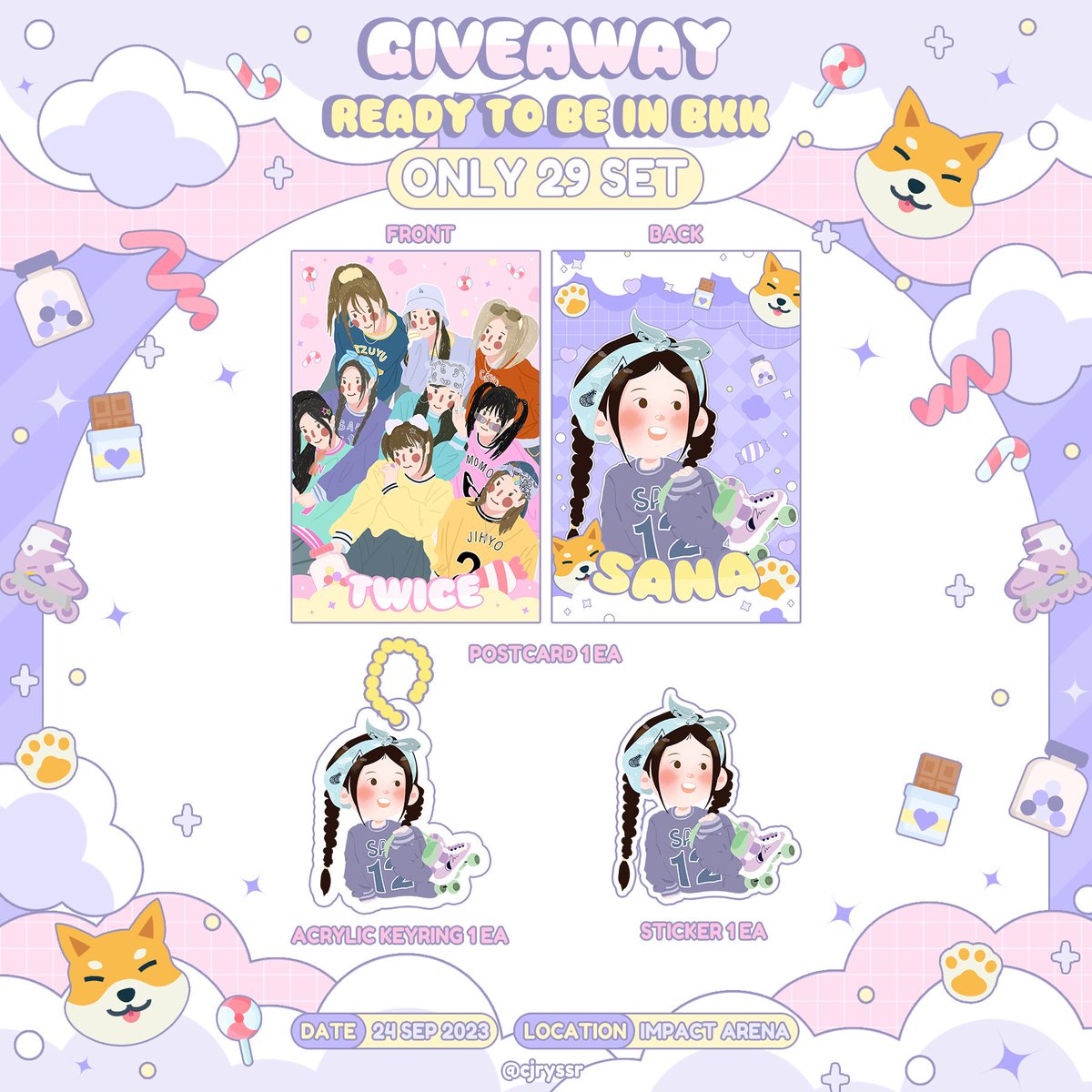 cjryssr's tweet photo. pls rt ♡ 
giveaway sana &amp; twice #ทไว้2023 

1 person / 1 set ( only 29 set )
- acrylic keyring 1 ea
- postcard 1 ea
- sticker 1 ea

date : 24 sep 2023
location : impact arena 

(รีทวิต+โชว์หน้าทวิตตอนรับ)

#TWICE_5TH_WORLD_TOUR
#READYTOBE_IN_BANGKOK 
#RTBinBangkok #วันซ์สายเปย์ https://t.co/vH8c7hCq5v