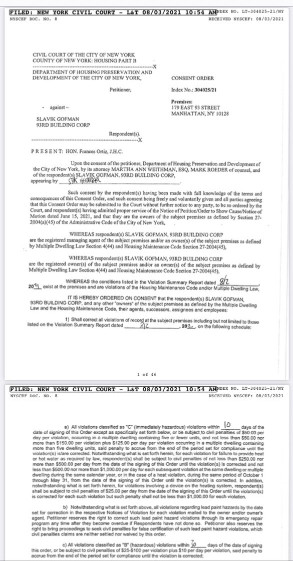 17993rd's tweet image. Our notoriously unscrupulous criminal #slumlord, Slavik Gofman, has spent WAAAAAY more on legal fees, for all the lawsuits brought against him by #NYC, et al, than he would have spent maintaining in a code compliant manner our building, 179 East 93rd St. #WhatAnAss #EnforceHSTPA