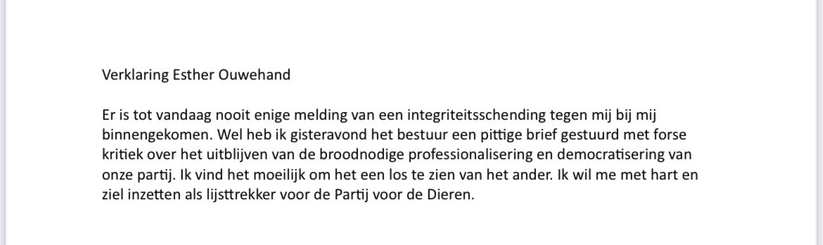 Verklaring Esther #Ouwehand: “nooit enige melding van een integriteitsschending binnengekomen”, wel een “pittige brief” gestuurd met kritiek op het partijbestuur. Ze wil lijsttrekker blijven. #PvdD