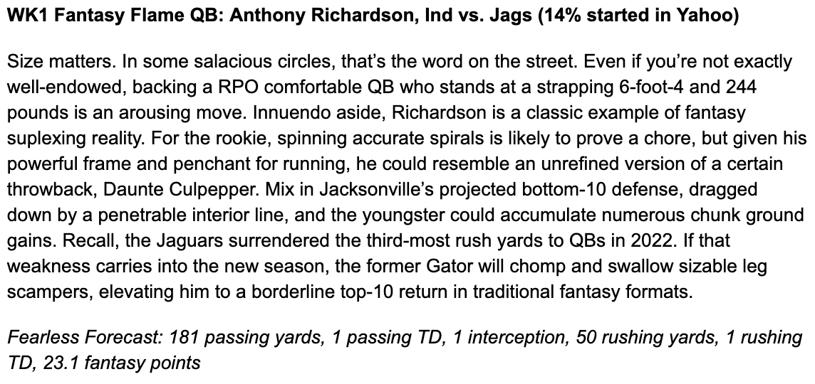 Fresh off the presses, here are my Week 1 Fantasy Flames by position. Again, posting these short takes right here this season, unless my personal employment circumstances change. 

My takes. My style. 

First up, QB Anthony Richardson ... 👇👇👇🔥🔥🔥

#fantasyfootball