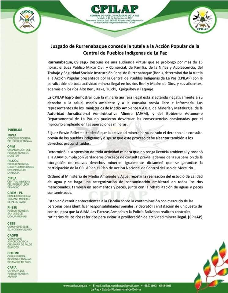FundacionTIERRA's tweet photo. IMPORTANTE
Juzgado de Rurrenabaque concede Acción Popular en favor de la #CPILAP y determina la paralización de toda actividad minera en los ríos Beni y Madre de Dios, y sus afluyentes, además de los ríos Alto Beni, Kaka Tuichi, Quiquibey y Tequeje. https://t.co/97VhmktxPO