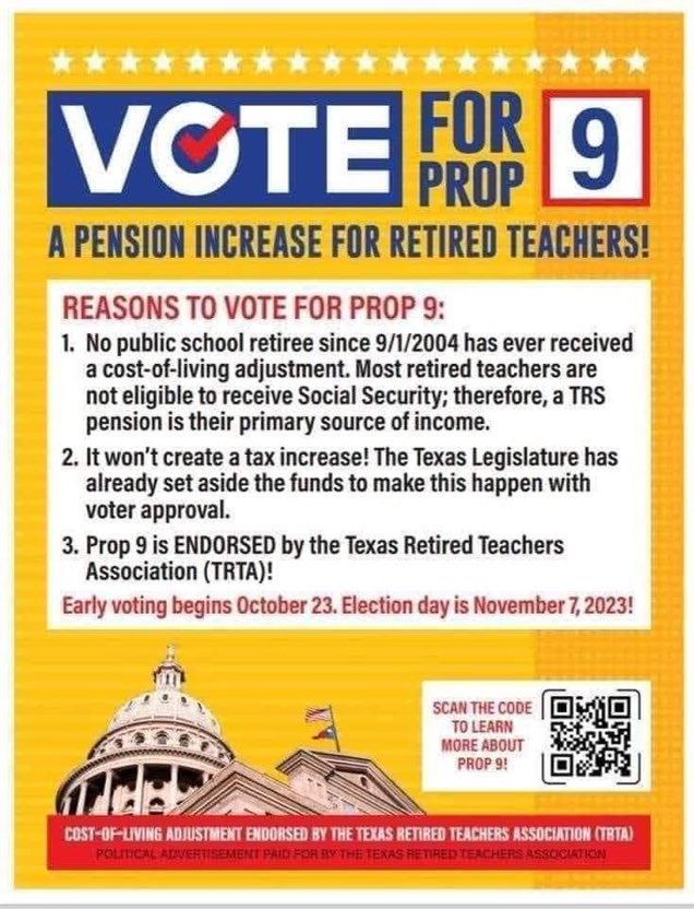 Let's stand up for our retired teachers in Texas!

A YES vote for a pension increase is a vote for those who've dedicated their lives to educating our future generations. They deserve financial security and respect for their hard work.