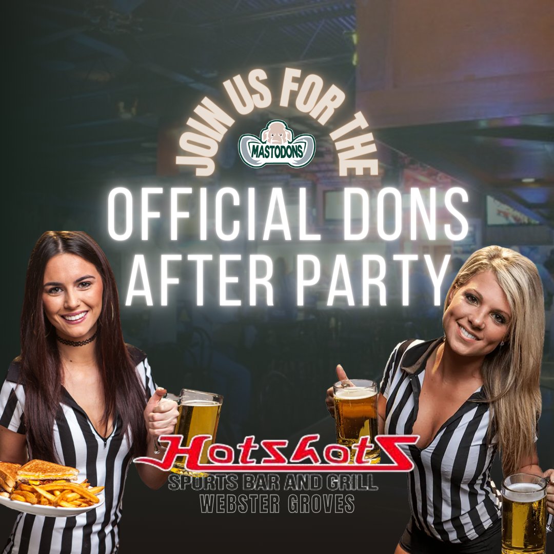 MO_Mastodons's tweet photo. Don't forget to join the team and fans at the official Don's After Party at our sponsor, Hotshots in Webster Groves at 9:30pm. Come out and take a Hotshot's Don shot with the boys to celebrate the win!

#hotshots #ferda #donshot #afterparty #donsafterparty https://t.co/epKLlkfnS1