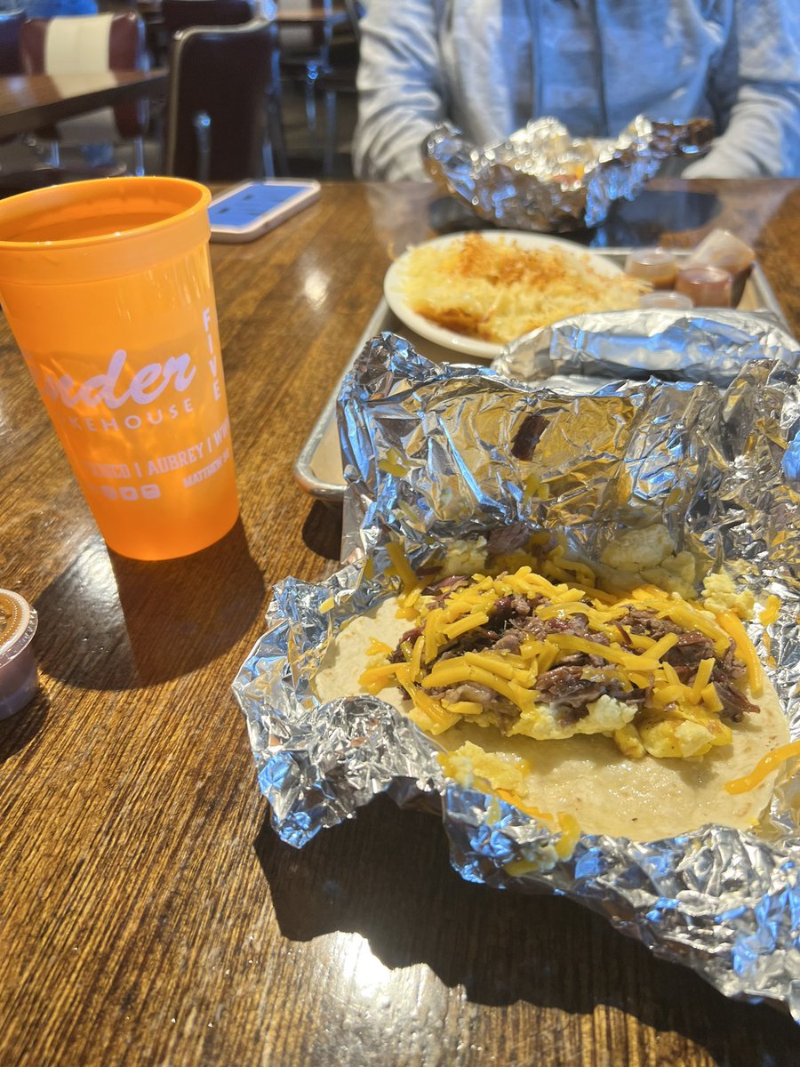 BbqProsper's tweet photo. Even for breakfast, support your local pitmasters! Brisket/egg/cheddar cheese tacos for the win! Thank you @tsmokehousebbq!! Always great to Chad & the crew! #supportyourlocalpitmasters https://t.co/u9TnTD5DlV
