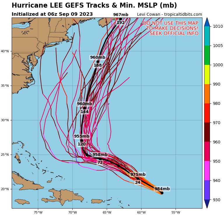 ReedTimmerUSA's tweet photo. We at Team Dominator are hoping that a weaker Hurricane Lee will trend farther east and curve out to sea just shy of Nova Scotia, but the GEFS from last night still shows a wide variety of scenarios possible with even Bermuda still at risk for direct impacts. https://t.co/AcVwilCxwU
