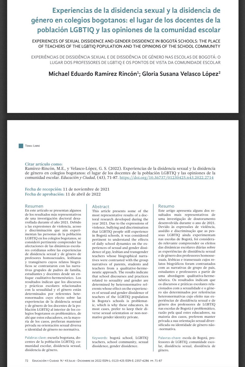 Artículo de investigación.

WEB: doi.org/10.36737/01230…

PDF: revistas.idep.edu.co/index.php/educ…

#investigacion #educacion #sexualidad #genero #mendeley #queer #escuela #docentes #plumxmetrics
<a href="/ucuauhtemocags/">Universidad Cuauhtémoc Ags</a>
<a href="/FundacionGAAT/">Fundación GAAT 🏳️‍⚧️</a>
<a href="/ColombiaDiversa/">Colombia Diversa</a>
<a href="/idepbogotadc/">IDEP Bogotá</a>
<a href="/SePuedeSer/">En Bogotá SE PUEDE SER 🏳️‍🌈🏳️‍⚧️</a>
@gerencialgbtiq