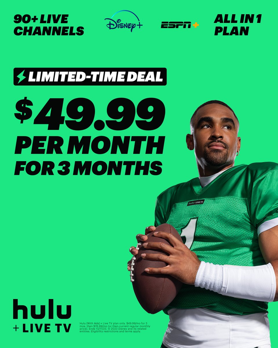 Hulu on X: 90+ live channels. $49.99 per month for 3 mos. Lots of Jalen  Hurts. Sign up for Hulu + Live TV with this limited-time deal TODAY!   / X