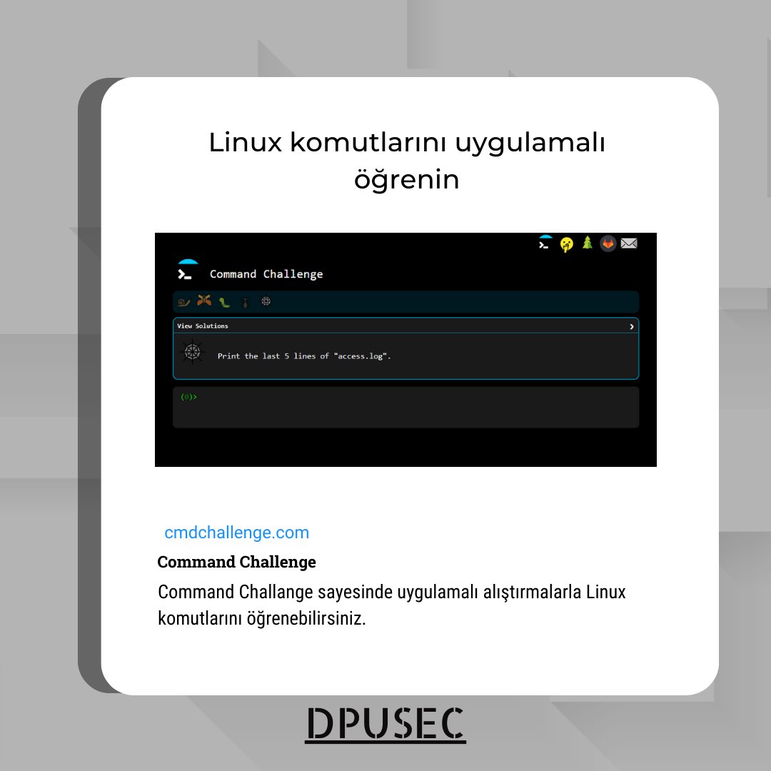 Command Challange sayesinde uygulamalı alıştırmalarla Linux komutlarını öğrenebilirsiniz.
👉🏻 cmdchallenge.com

#sibergüvenlik #computerengineering #cyber #cybersecurity #linux #linuxkomutları  #linuxcommands #bilgisayarmühendisliği
