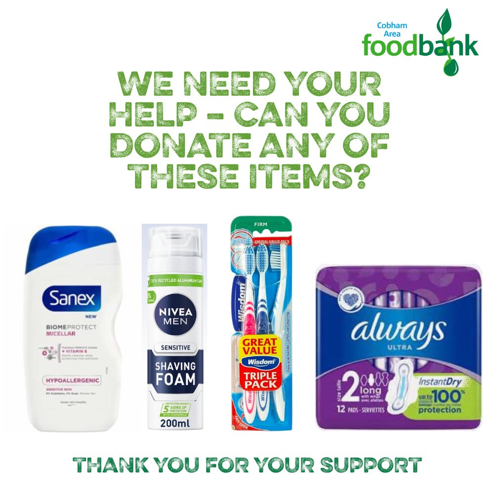 At <a href="/FoodbankCobham/">Cobham Foodbank</a>, we don’t just give food. We also provide hygiene essentials like sanitary products, shower gel, shaving foam, and toothbrushes. But we need more of these items urgently. Can you donate any at our collection points? Your generosity will make a big difference 🙏