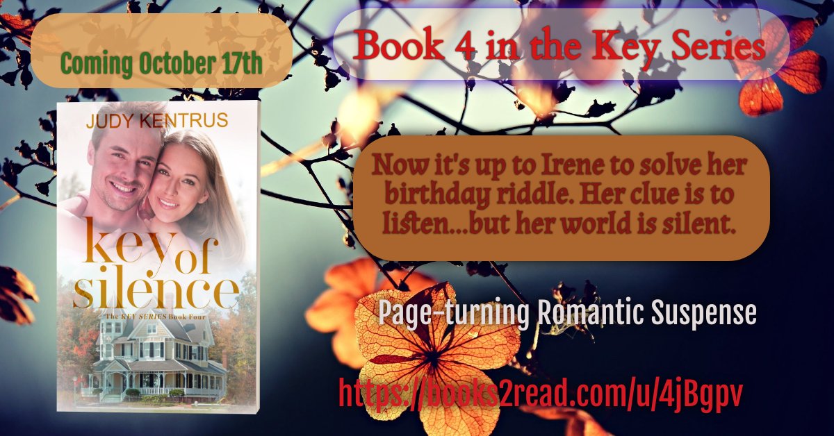 KentrusJud9762's tweet photo. Book 4 in the Key Series.
It’s Irene’s turn to solve the final riddle. Is there really a treasure, or is it something else?
https://t.co/U0T5W9PmfC
#romanticsuspense #beaconpointe #smalltown #laterinlife #keyseries #judykentrus  #hearingimpaired https://t.co/XYuwvjcxNN