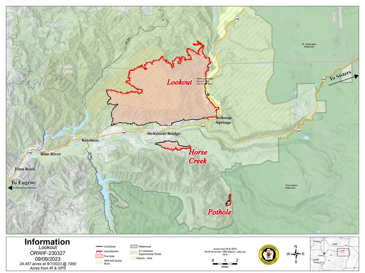 willametteNF's tweet photo. Sept 9 UPDATE
Total Personnel: 1,029
Resources: 49 engines l 21 crews l 8 bulldozers l 39 water tenders l 12 masticators l 5 helicopters l 1 Skidder
#LookoutFire
24,457 acres
35% contained
#HorseCreekFire
756 acres
45% contained
#PotholeFire
109 acres
40% contained https://t.co/7Y2TFvZSaJ