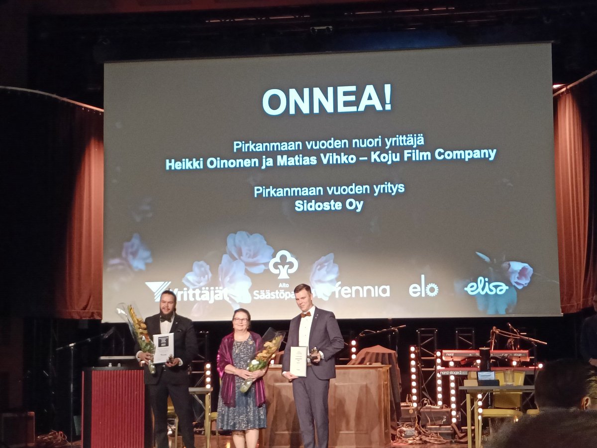 Pirkanmaan vuoden nuori yrittäjä sekä Pirkanmaan vuoden yritys on nyt palkittu! Onnea nuoret yrittäjät <a href="/KojuFilmCompany/">Koju</a> sekä vuoden yritys <a href="/sidoste/">Sidoste Oy</a>! 
#Yrittäjät #VuodenYritys #VuodenNuoriYrittäjä