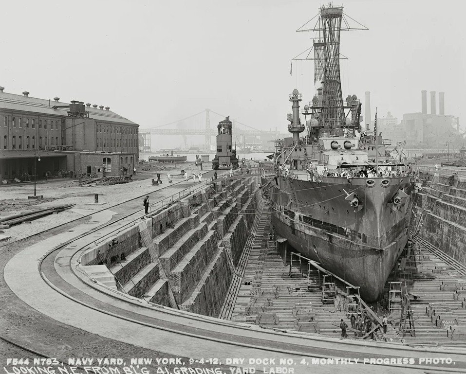 Battleship USS South Carolina (BB-26) drydocked at the Brooklyn Navy yard, september 1912.