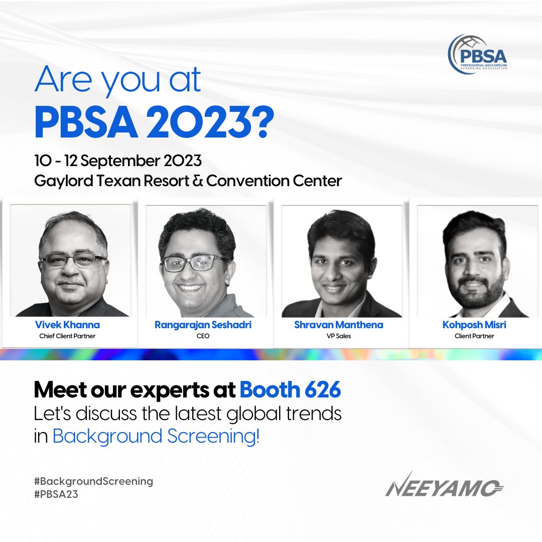 ScreenXchange's tweet photo. Join us at PBSA 2023 in Grapevine, TX! Meet CEO @CEO_Neeyamo, Chief Client Partner @vivekritu, VP of Global Sales @Shravanmanthena, and Client Partner @KohposhMisri for insights on global background screening trends. Don't miss out! #PBSA #BackgroundScreening @PBSA https://t.co/rHfpDQnsde