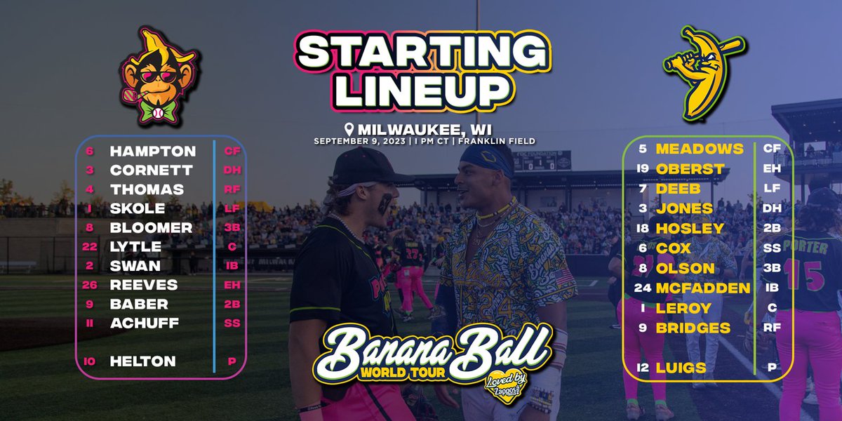 Double Header Day💪Game One looking reallllll good. 🆚@ThePrtyAnimals 📍 Milwaukee, WI 🏟️ Franklin Field 📺 bit.ly/watchbananaball @ 12:20pm CT ⚾️ 7pm CT