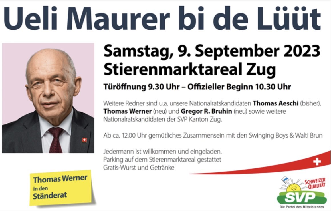 Danke, alt #Bundesrat #UeliMaurer, dass Du heute nach Zug gekommen bist. Wählen auch Sie die #SVP - für eine freie und sichere Schweiz!